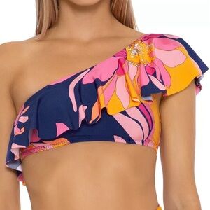 NWT Trina Turk Navy Floral One-Shoulder Ruffle Bikini Top in Size 6